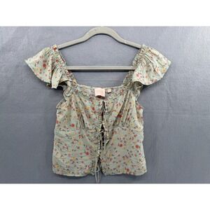 Good Luck Gem Crop Top Womens XS Green Ditsy Tie Ruffle Cottagecore Coquette